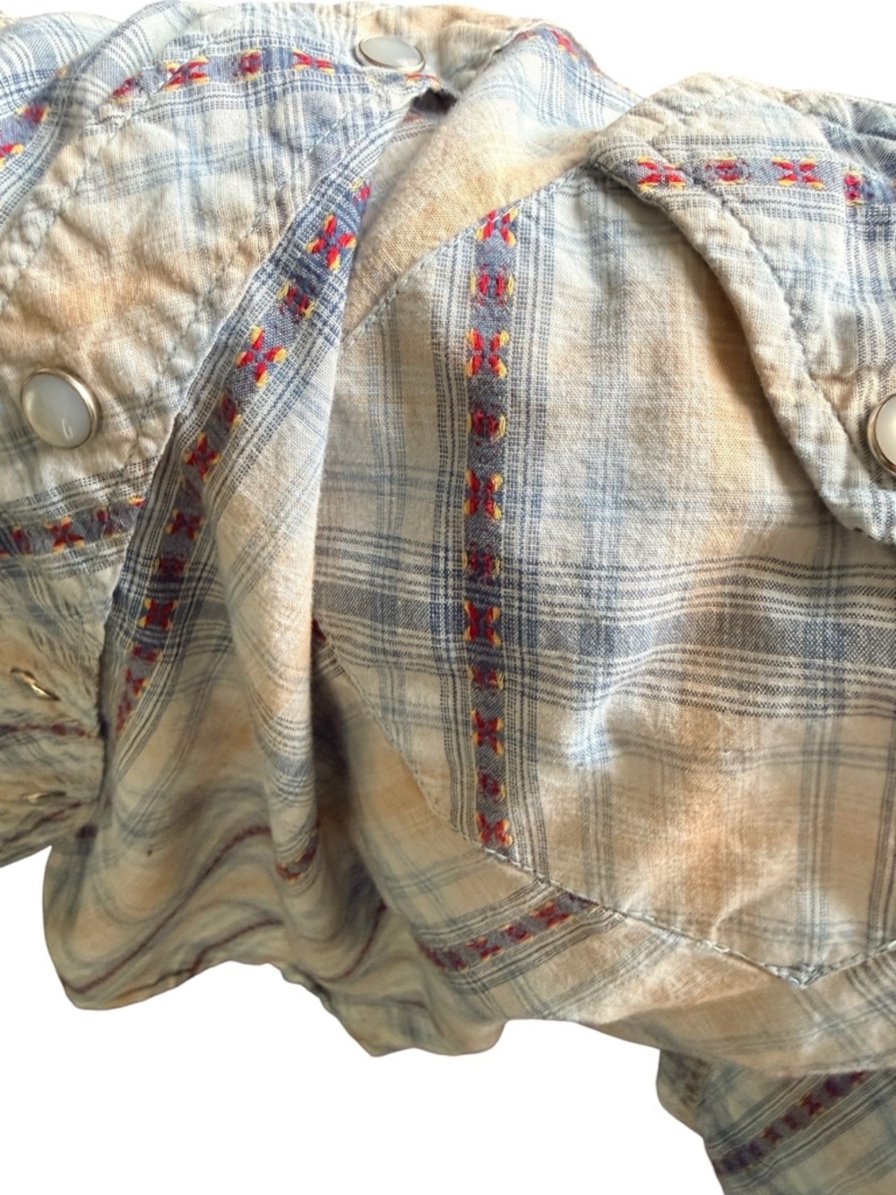 BKE Buckle Plaid Western Snap Shirt Mens Large Blue Tan Embroidered Cotton - Picture 5 of 11